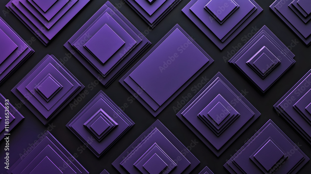 Poster many symmetrical purple rhombuses and squares on a black background. bright abstract pattern of geom