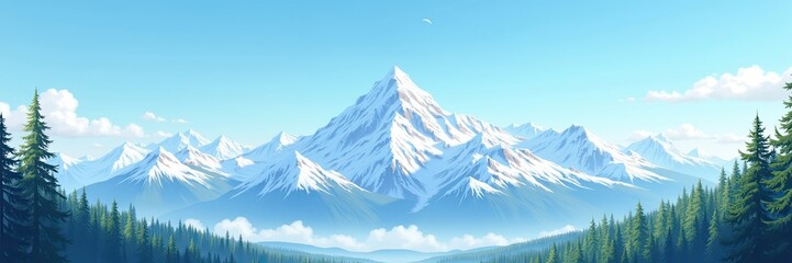 Serene Mountain Peaks and Forest Valley in a Calm Blue Sky Environment
