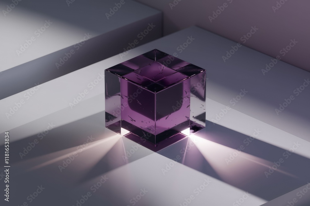 Poster a purple glass cube rests on a minimalist white platform, illuminated by a soft light.