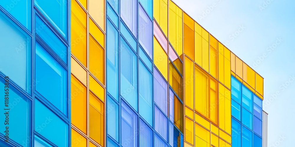 Poster a vertical image showcasing a vibrant modern building featuring yellow and blue stained glass window