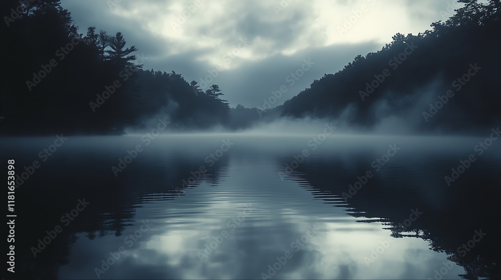 Poster mystical foggy lake at sunrise with clear reflection of sky and trees : generative ai