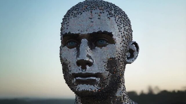 A digital head made up of lots of tiny code representing AI technology