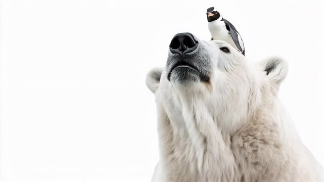 A Majestic Polar Bear and a Chinstrap Penguin: An Unlikely Friendship on a Pristine White Background