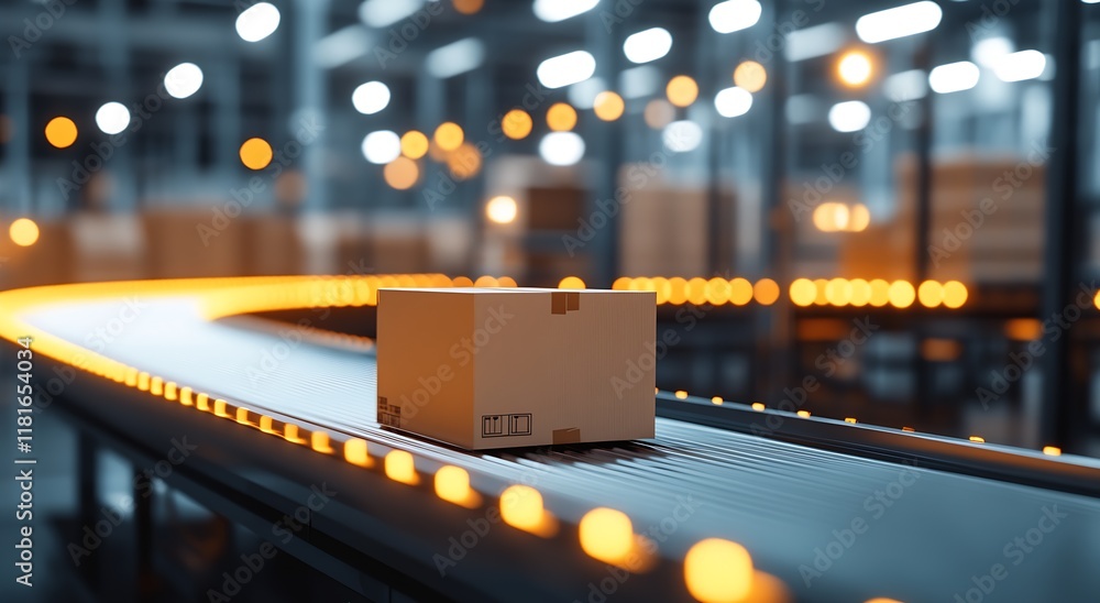 Leinwandbilder Cardboard Box on Automated Conveyor in Modern Distribution Center : Generative AI