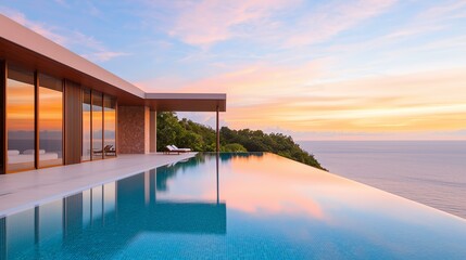 Modern villa with infinity pool overlooking a beautiful sunset by the sea.