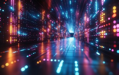 Futuristic Neon Light Tunnel with Vibrant Colors and Abstract Digital Aesthetic