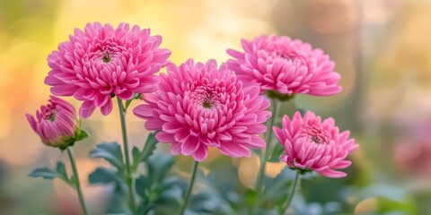 Obraz premium Pink chrysanthemum blooms beautifully against a soft, blurry background, highlighting the vibrant colors of the pink chrysanthemum and its delicate petals in this stunning floral image.