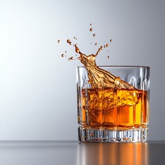 Whiskey splash in a glass with ice.