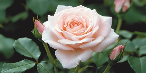 Stunning blush rose blooms in a serene home garden, showcasing the delicate beauty of the blush rose. This captivating blush rose adds elegance and charm to any garden setting.
