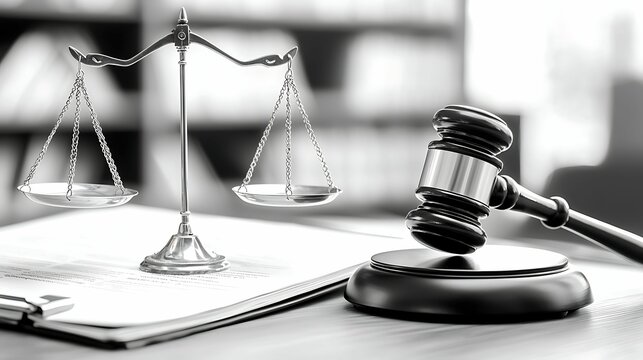 lawyer litigation signature. A monochrome image featuring a gavel and scales of justice, symbolizing law, order, and the judicial system.