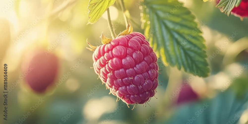 Poster close up view of ripe organic raspberry delicately hanging from a branch in a lush garden. this ripe