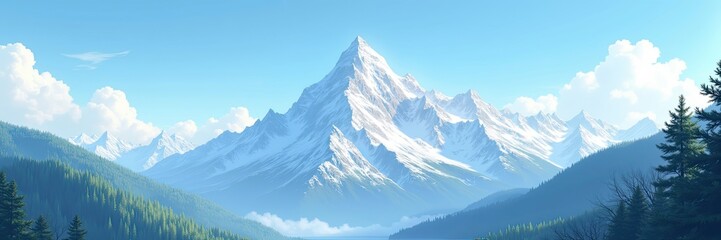 Obraz premium Majestic snow-capped mountains rise above lush green valleys under a clear blue sky
