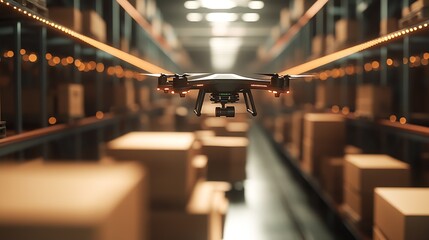 Drone navigating aisle with shelves in automated distribution center for rapid inventory handling : Generative AI