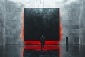 Contemplative Individual Facing Illuminated Abstract Art in Industrial Gallery Setting