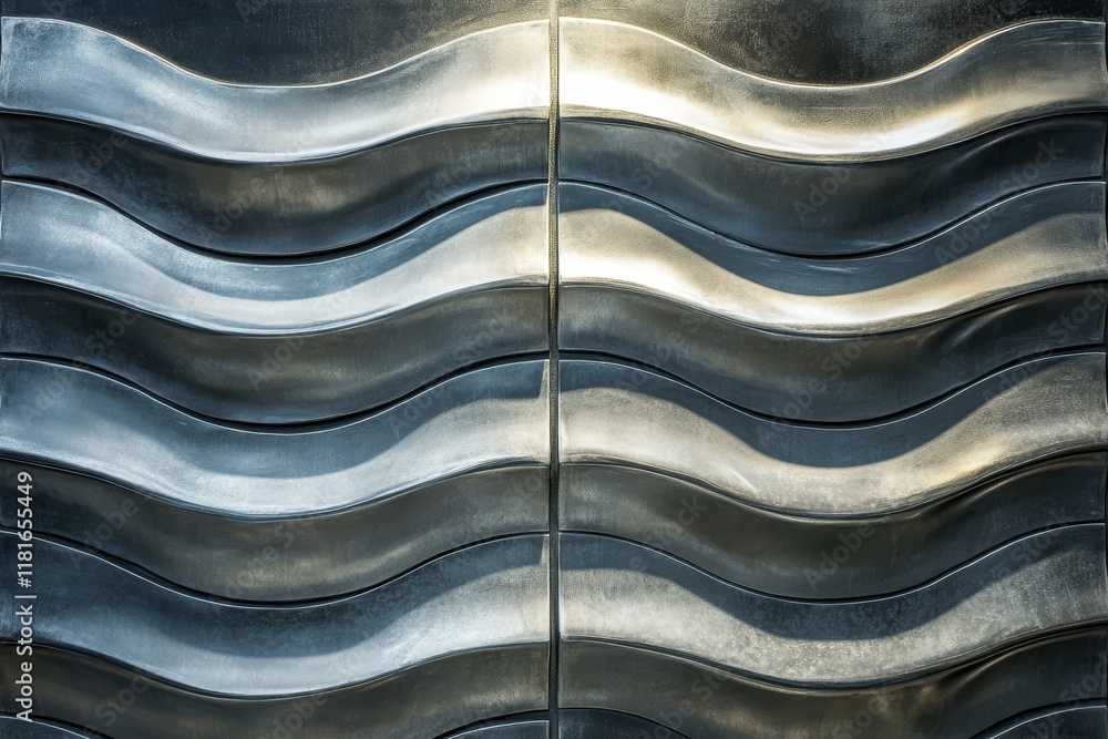 Poster abstract design with wave patterns in metallic surface, showcasing texture and light reflections, pe