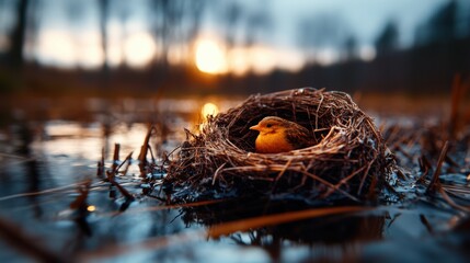 A heartwarming scene showcasing a young bird nestled in its nest, bathed in soft sunlight, providing a feeling of warmth, safety, and the beauty of new life in nature.
