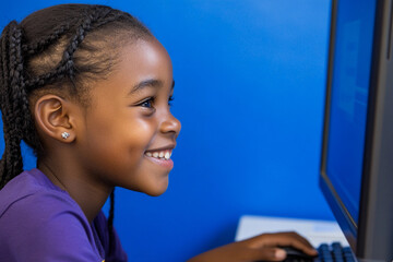 Young girl smiles while using a computer at home
