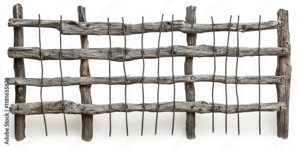 Poster wire barebed fence crafted from aged wood displayed against a white background, showcasing the rusti