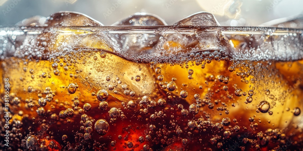 Aufkleber Close up of refreshing cola in a glass filled with ice, showcasing the fizzy bubbles and rich color of cola, perfect for capturing the essence of cola on a warm day.