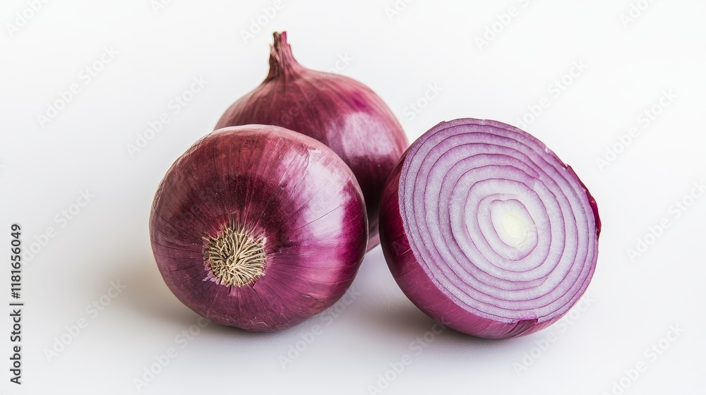 Poster whole red onion on a clean white background, showcasing the vibrant color and texture of fresh red o