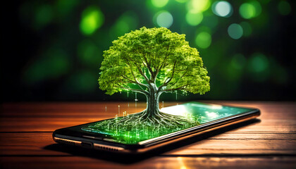 Luminous green tree magically appears on a sleek smartphone screen, symbolizing digital nature, eco-technology, or environmental apps. Ideal for tech, sustainability, or nature-related projects.