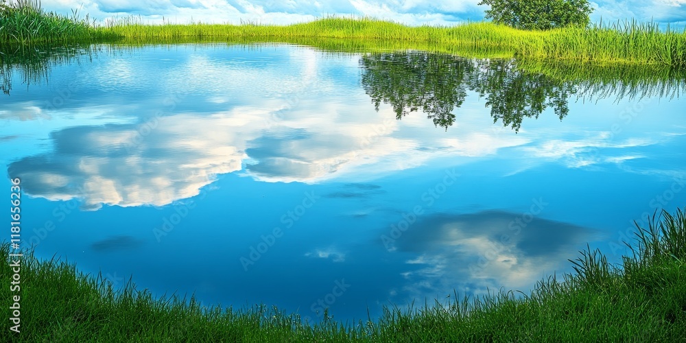 Poster tranquil water reflection showcasing vibrant clouds mirrored in the serene surface, surrounded by lu