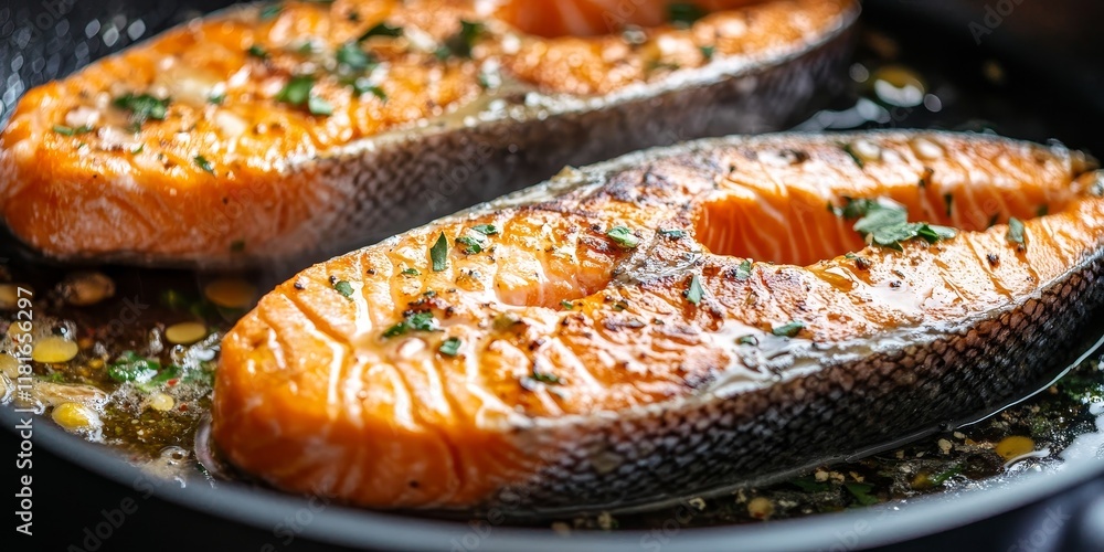 Poster a juicy and delicate salmon steak is cooking in the skillet, creating a delightful sizzle as it tran
