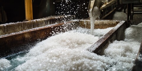 Solid residue of potassium salt accumulates in the basin of a flotation machine, highlighting the efficiency and process of separation in the extraction of potassium salt.