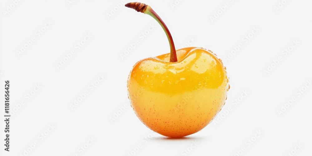 Poster close up view of a yellow cherry against a white background, showcasing the vibrant color and textur