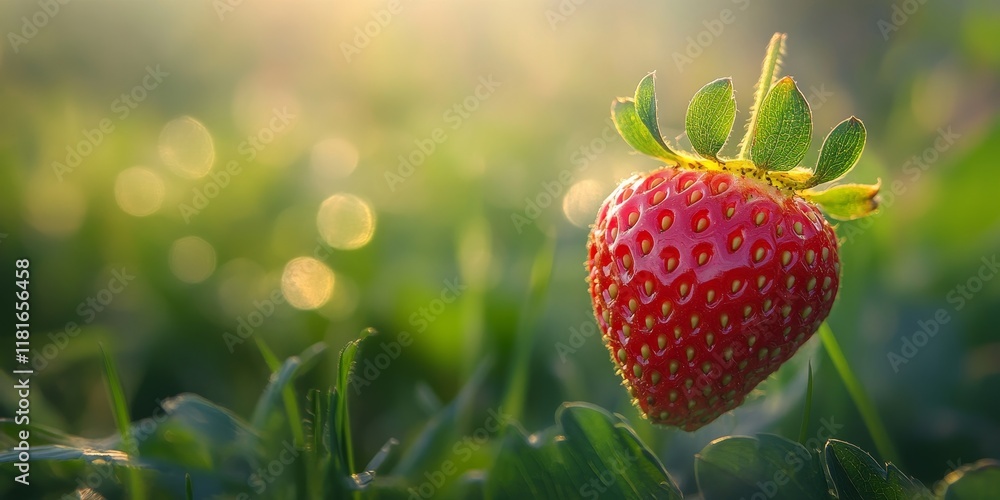 Poster displaying a flawless, freshly picked strawberry in front of a softly blurred green field, showcasin