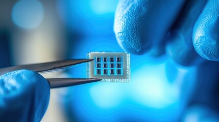 Precision handling of microchip with tweezers laboratory setting close-up image high-tech environment focused viewpoint electronics and technology concept