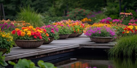 Vibrant flowers arranged in planting bowls set upon a wooden jetty in a lush garden create a stunning visual display of colorful flowers and serene natural beauty.