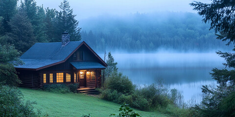 Misty morning by the lake at a cozy cabin retreat
