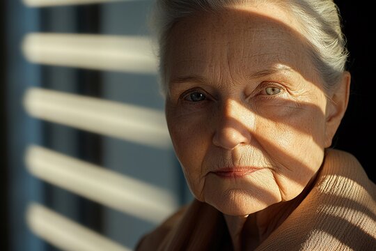 Close-up of an elderly woman with striking features illuminated by sunlight through blinds