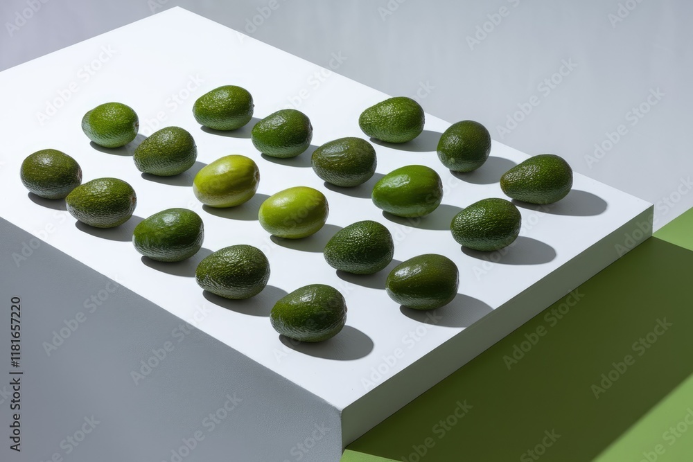 Poster A grid of avocados with two limes strategically placed among them, creating a visually appealing contrast.