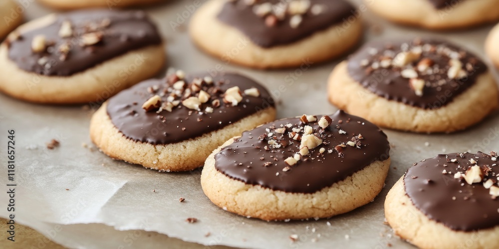 Poster creating delicious cutout sugar cookies, partially dipped in chocolate and sprinkled with hazelnut p