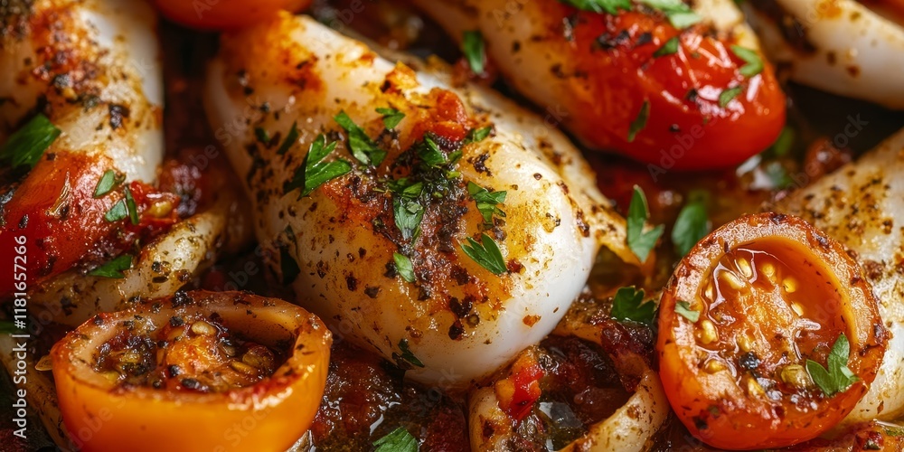 Poster deliciously baked squid accompanied by vibrant fresh tomatoes and aromatic parsley, creating a mouth