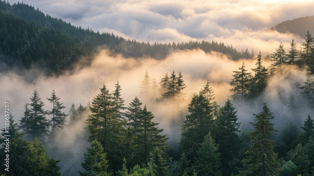 Poster Fog and low clouds envelop the mountainside, creating a mystical atmosphere among the towering pine trees. This scene of fog and low clouds enhances the beauty of the serene mountain landscape.