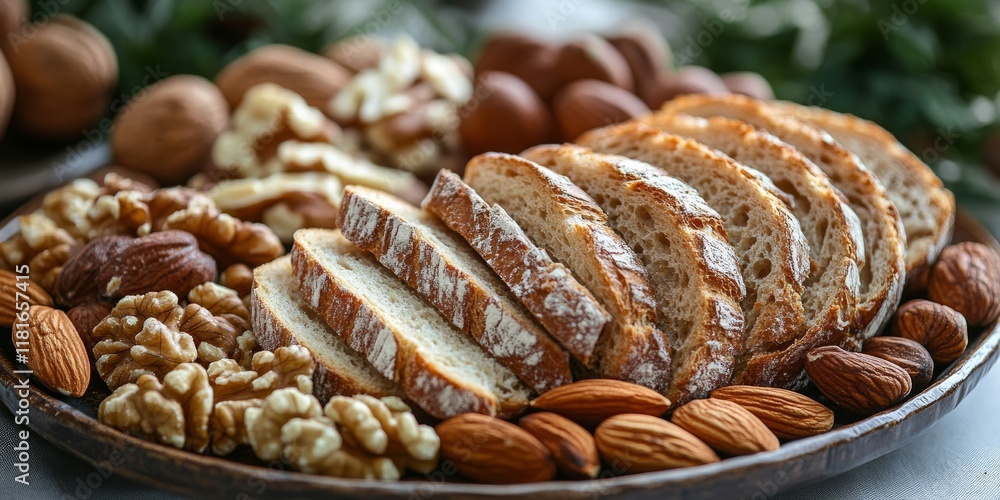 Poster Freshly sliced bread adorned with a variety of nuts elegantly arranged on a plate, showcasing the delightful combination of sliced bread and crunchy nuts for a tempting snack.