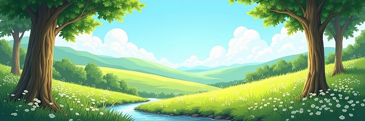 Obraz premium Peaceful cartoon landscape with flowing stream and rolling hills background