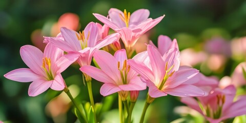 Obraz premium Delicate pink zephyranthes lily flowers bloom beautifully, showcasing their stunning petals. The vibrant pink zephyranthes lily flower adds elegance and charm to any garden or floral arrangement.