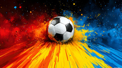 Naklejka premium Soccer Ball Explodes with Colorful Paint Splatter Background