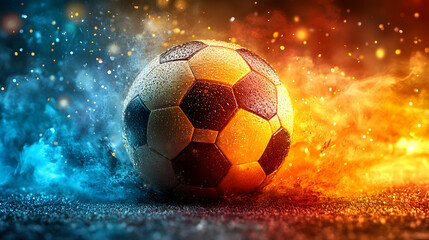 Fototapeta premium Soccer Ball Meets Fire and Ice: A Dramatic Visual Spectacle