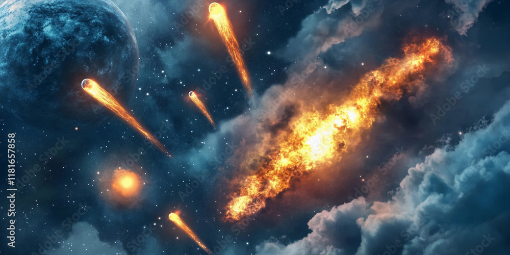 Poster cosmic explosion with fiery meteor showers in space