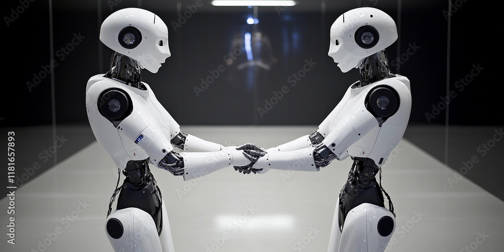 Poster Robots shake hands in a futuristic environment