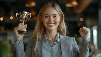Woman Holds Trophy, Celebrates Victory Enthusiastically and Proudly
