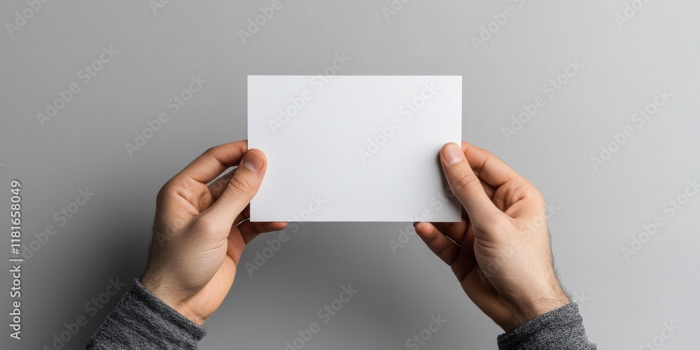 Poster a5 flyer mock up male hands displaying blank a5 flyers against a gray backdrop, showcasing the versa