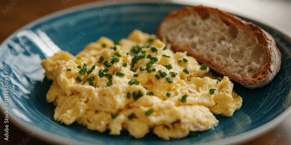 Poster scrambled eggs featuring onion and chives are elegantly served with bread on a blue plate, creating 