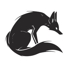 Vector black and white illustration of fox silhouette drawn in cartoon style. Isolated on white background clip art object. Wild shaggy baby fox. Simple flat style graphic. Concept digital art.