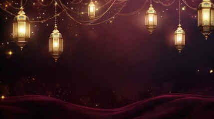 Elegant Lanterns Hanging on Dark Background with Sparkling Lights